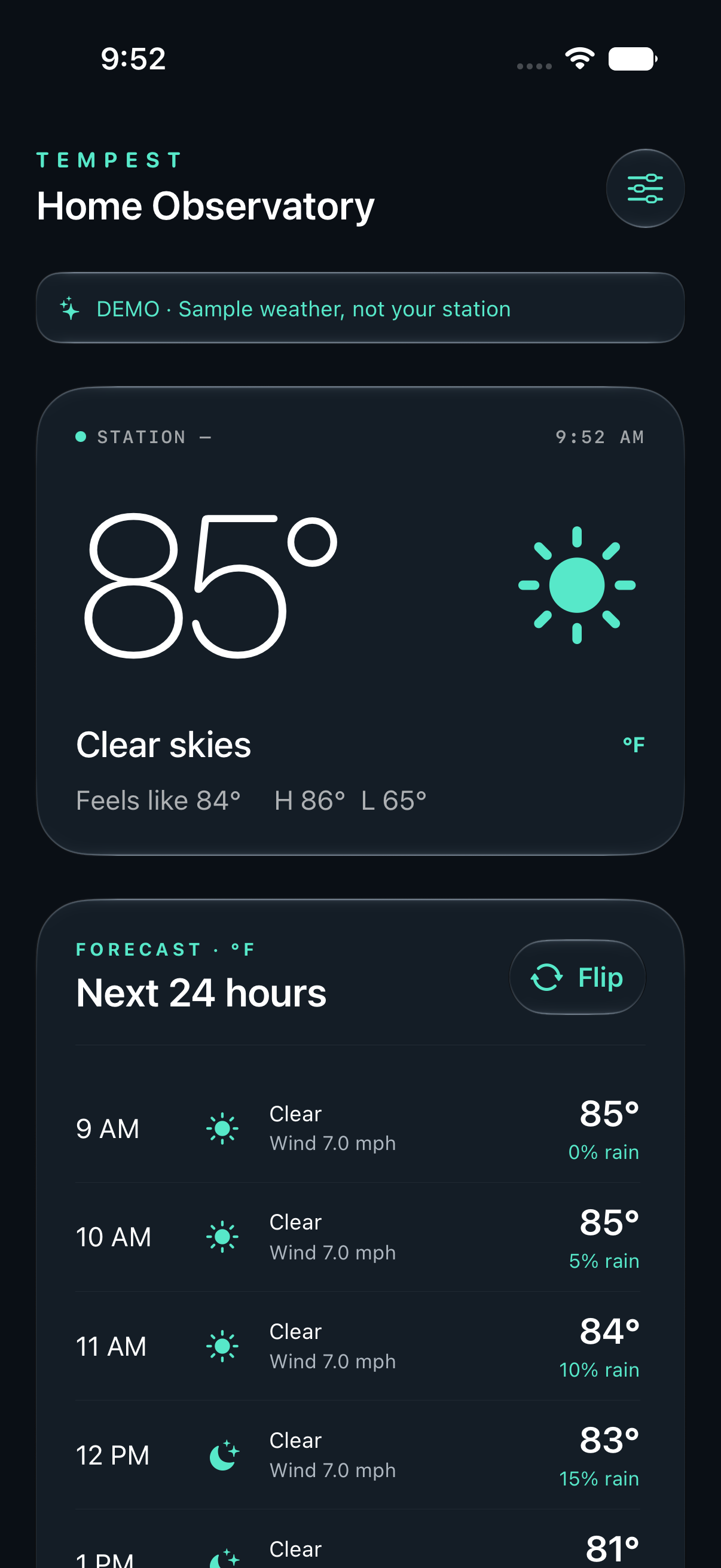 Tempest Temperature iPhone dashboard displaying clearly labeled sample weather