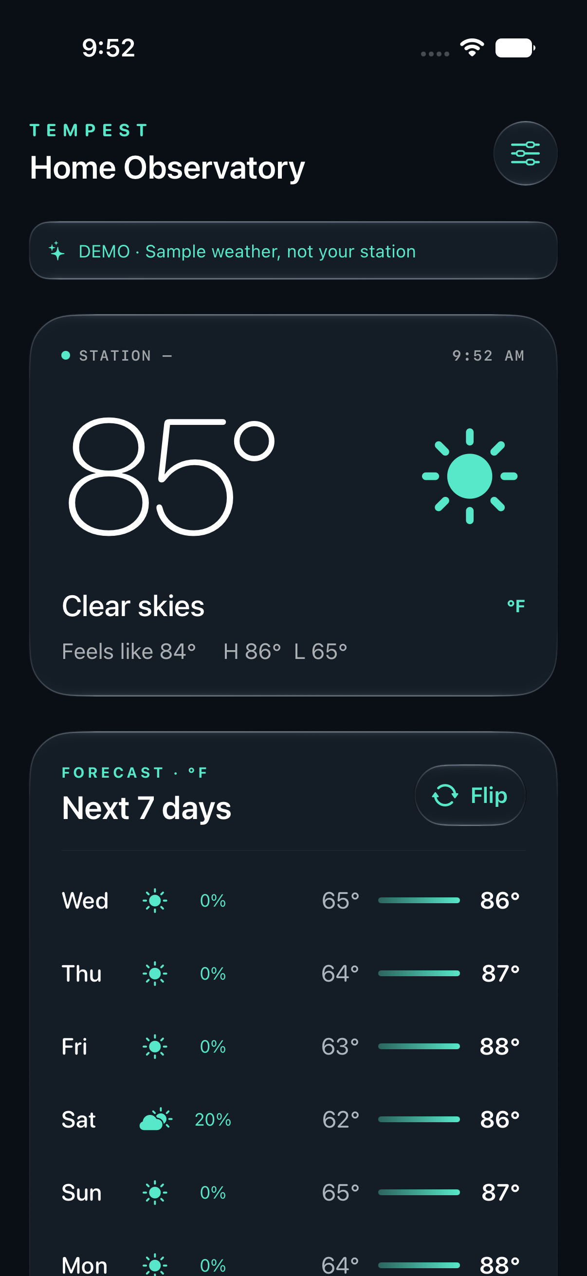 Actual seven-day forecast card showing sample forecasts