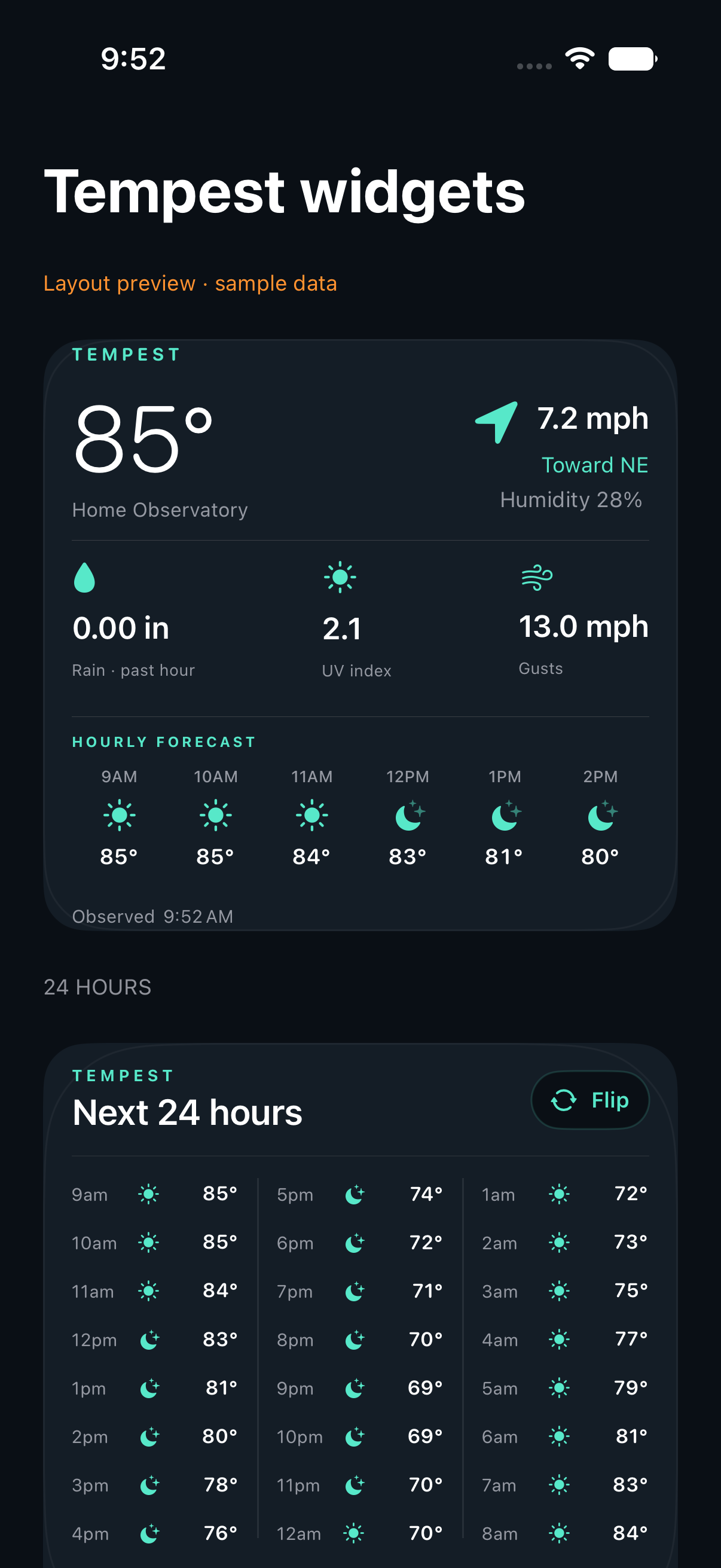 Actual station widget preview showing sample weather