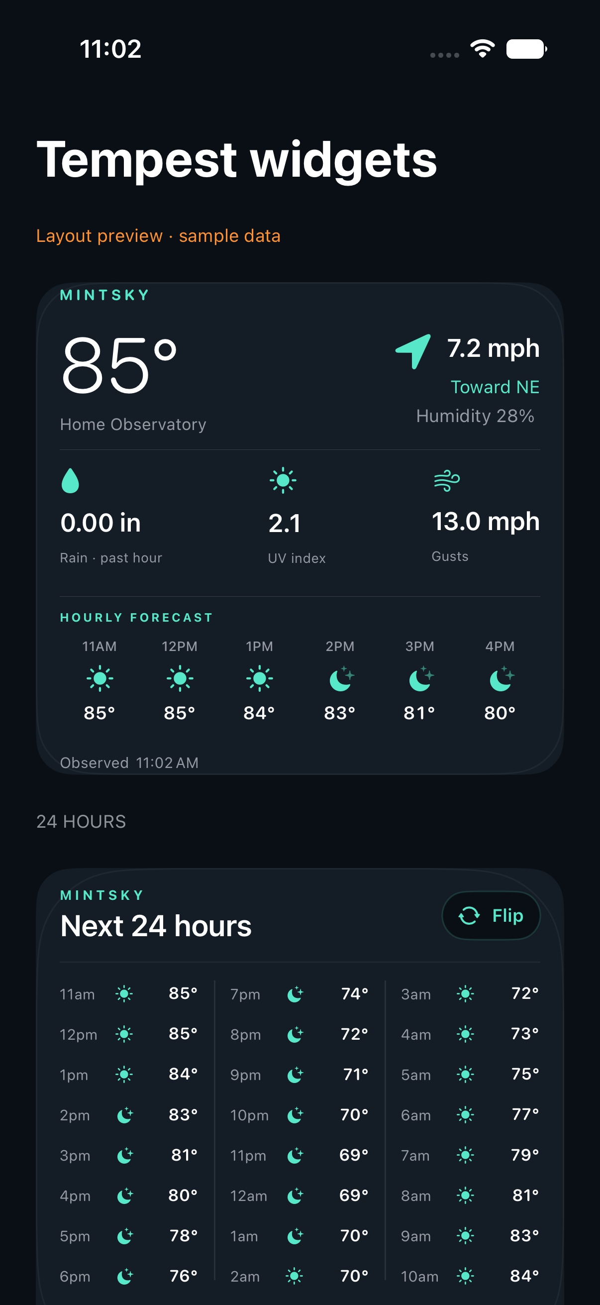Actual station widget preview showing sample weather
