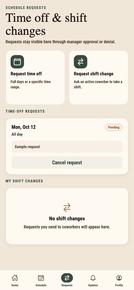 Wakehouse employee app’s actual requests screen with a fictional pending time-off request