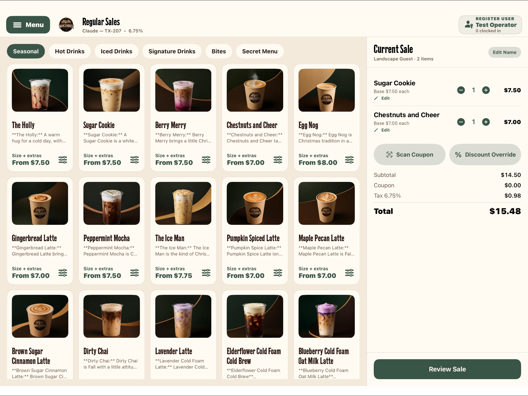 Actual Wakehouse iPad register, with public menu imagery and a sample sale